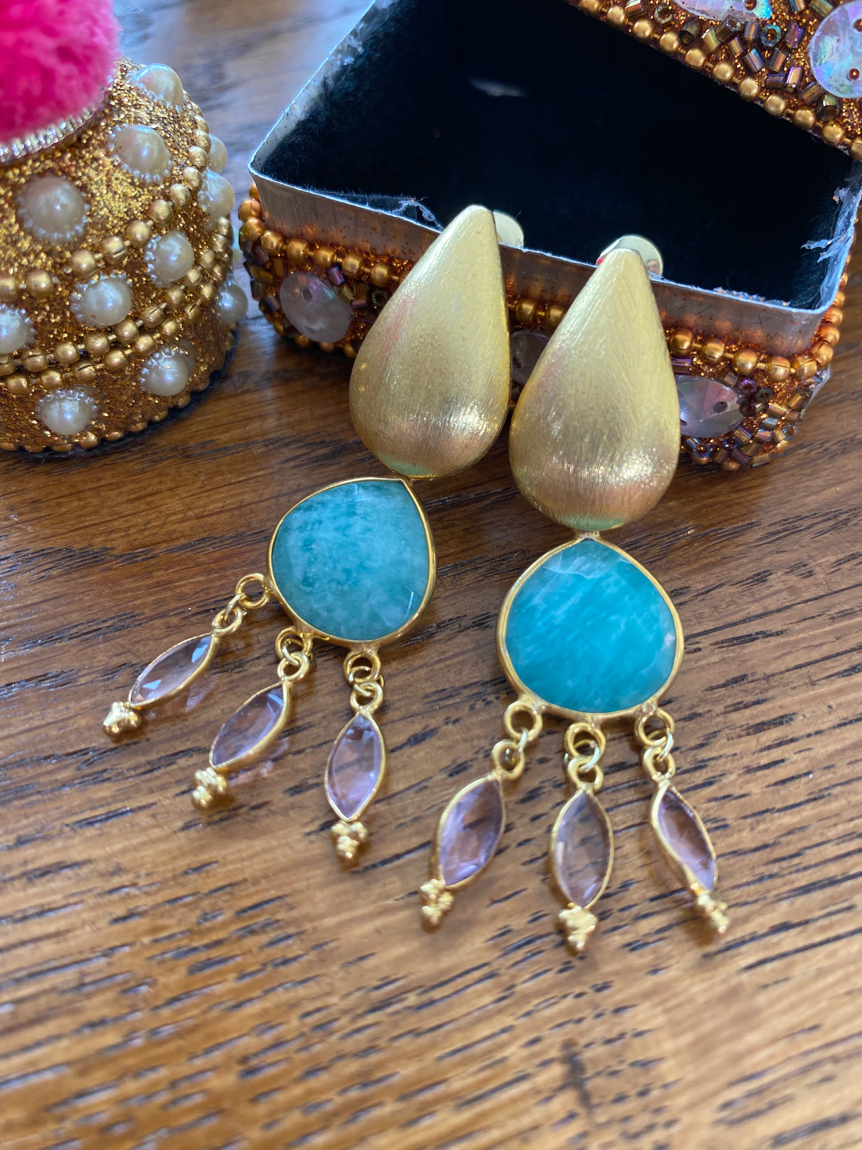 DANA - Boucles d'oreilles Larimar pampilles & plaqué or