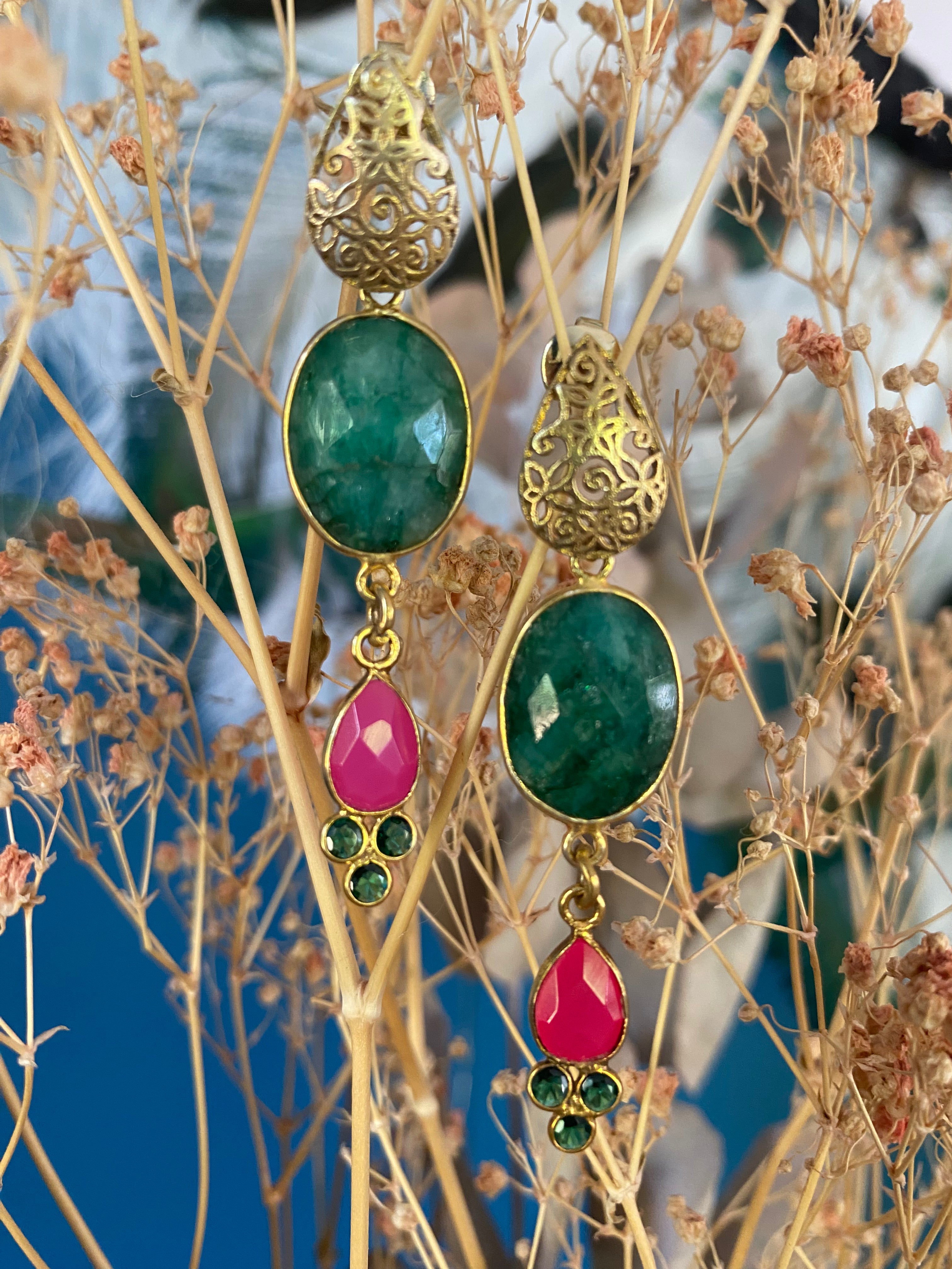 LACRIMA - Boucles d'Oreilles Pendantes Agate Verte & Rose – Filigrane